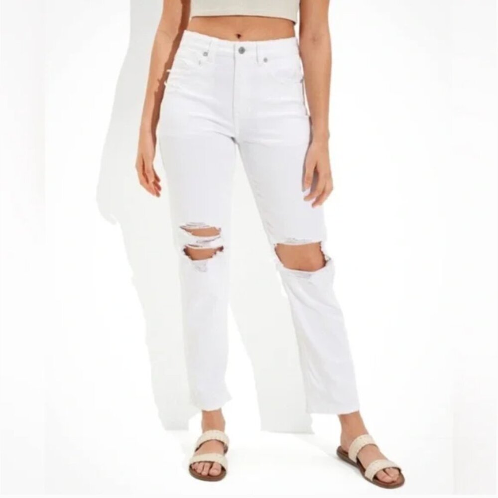 American Eagle Mom Straight Jean White Distressed Size 16L